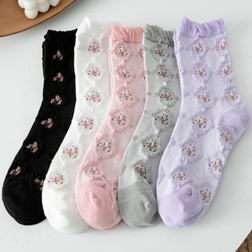 Solid Black White Gray Woman Socks Korean Fashion Floral Embroidery Crew Socks Japan Style Harajuku Retro Kawaii Cute Long Socks