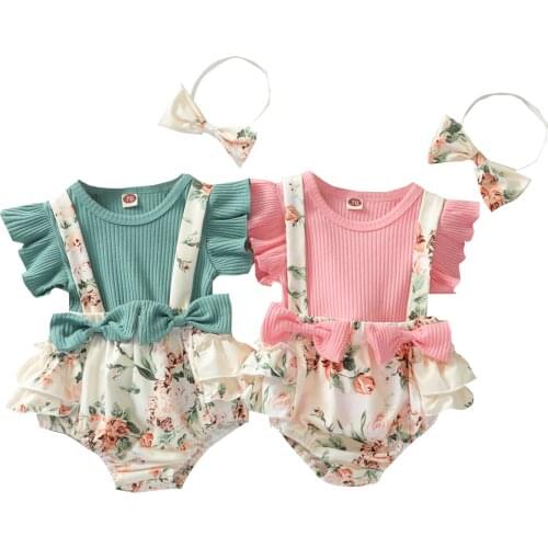 Infant solid color pit strip short-sleeved top + printed suspender bow shorts cute sweet flower print suit