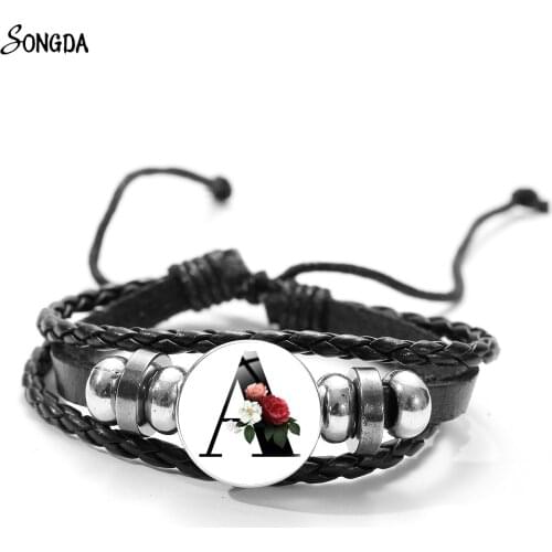 Floral 26 Letter A-Z Bracelet Bracelets ID Name Glass Snap Metal Bead Black Braided Leather Bracelet for Men pulseras mujer Gift