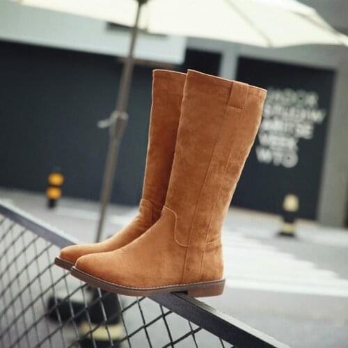 Simple design quality pu leather round toe riding equestrian boots slip-on concise classic autumn winter warm mid calf long boot