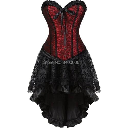Sexy Corset Dress with Skirt Set High Low Exotic Push up Corsets and Bustiers Flower Print Halloween Costumes Plus Size Red