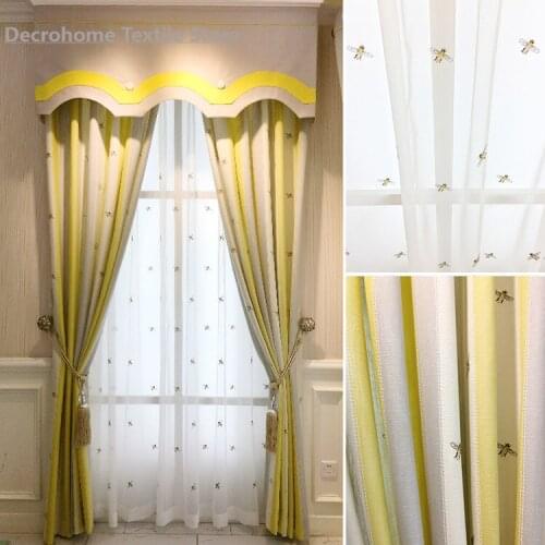 Embroidered Cartoon Yellow-White Striped Cotton Linen Galaxian Curtains for Childrens Room Boys and Girls Bedroom Living Room