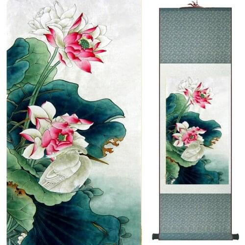 Traditional Chinese art painting flower painting Silk scroll art painting water lily and birds painting 040710