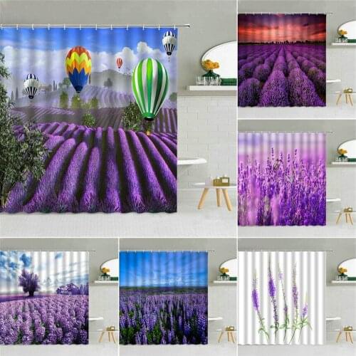 Purple Lavender Pastoral Flower Scenery Shower Curtain Hot Air Balloon Butterfly Spring Floral Landscape Bathroom Decor Curtains