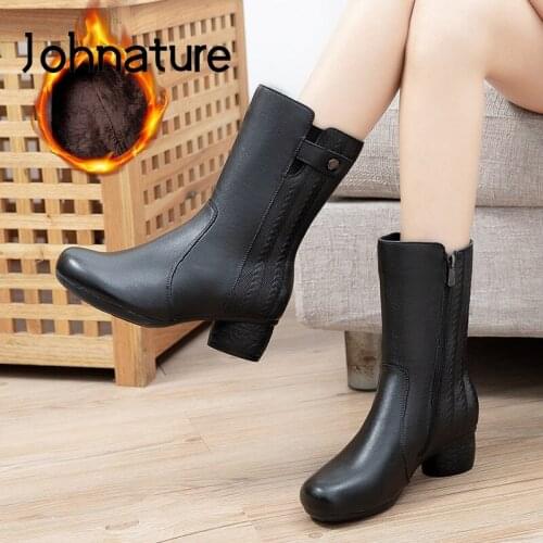 Johnature Winter Women Boots Platform Boots Zip Genuine Leather Round Toe 2020 New Warm Concise Sewing Leisure Ladies Boots