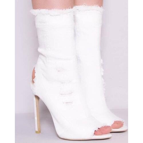 Women Open Toe Slim Denim Short Boots Blue White Jean High Heel Boots Slingbacks Cut-Out Opening Fringe Ankle Boots