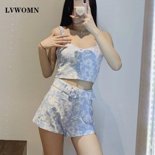 LVWOMN Za Women 2 Piece Set Summer Print Short Top Woman Blouse Chic + High-Waisted Shorts Casual Women Clothing Two-pieces Set