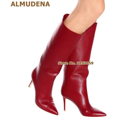 ALMUDENA Stiletto Heels Pointed Toe Knee High Boots Burgundy Nude Black Matte Leather Tall Boots Celebrity Long Boots Size46