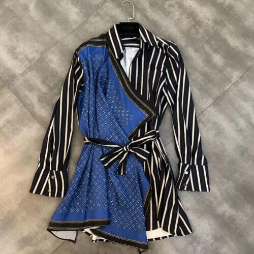 Blusas Blusa Womens Shirt Irregular Belt Waist New Lapel Sleeve Hit Color Stitching Vertical Stripes 2020 Spring Full V-neck