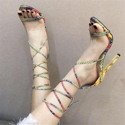 Designer Women Pumps PU Lace Up Thin High Heels Round Toe Serpentine Front & Rear Strap Shallow high heels women shoes size35-42