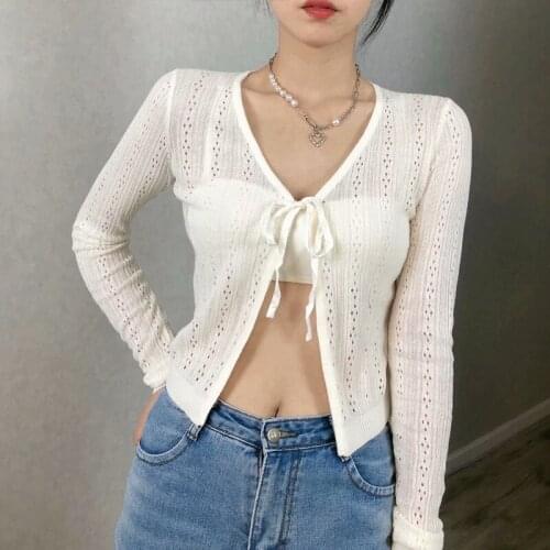 UNUTH Girls Soft Cotton Hollow Out V Neck T-shirt 2021 Summer Fashion Ladies High Street Bow Lace Tees Female Solid Color Tops
