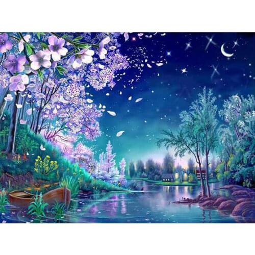 Art Diy Diamond Embroidery Cherry Blossom Diamond Painting Natural Scenery Blue Night Surface Lake Full Drill Home Decoration