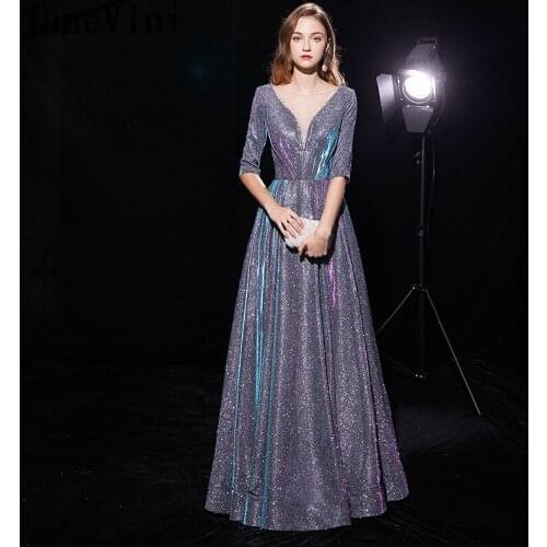 JaneVini 2020 Glitter A Line Long Evening Dresses Sheer Neck Half Sleeves Beaded Floor Length Formal Gowns for Women Lange Jurk