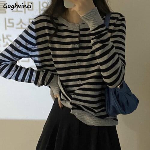 Women Cardigan Black Striped O-neck Long Sleeve Loose Summer Outwear Casual All-match Daily Tops Knitted Thin Clothes Korean New