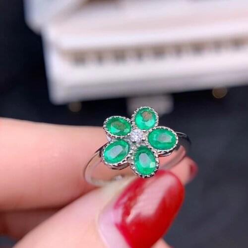 Flower Ring Natrual real emerald Ring 925 sterling silver gemstone Fine jewelry 3*4mm 5pcs