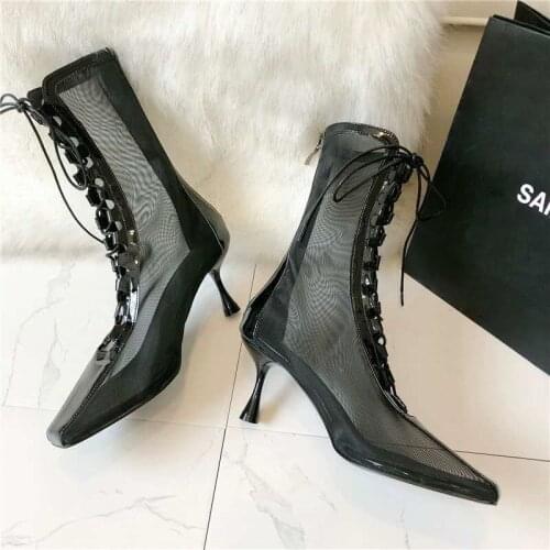 Sexy Lace Up Lady High-Heeled Shoes Breathable Mesh Ankle Boot For Woman Summer Boots 2020 New Hollowed-Out Cool High Heel Boots