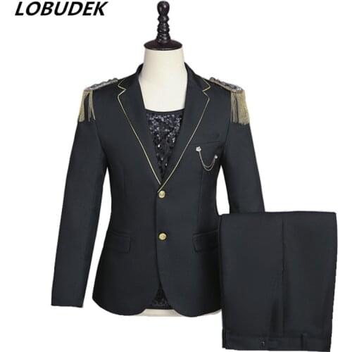 Mens Wedding Groom Team Suit Stage Performance Singer Dancer Group Fashion 2-Piece Set Black Epaulet Tassel Blazer Pants Outfit