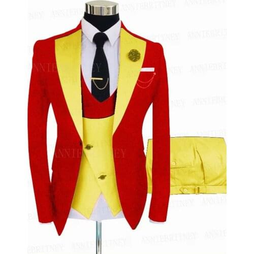VEIAI Jacquard Red Suit Men 3 Pieces Custom Groom Wedding Tuxedo Slim Fit Prom Party Blazer Suit Jacket Double Breasted Vest Pan