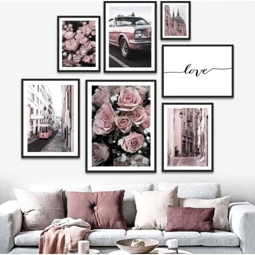 Pink Rose Flower Tram City Street Scenery Wall Art Canvas Painting Nordic Posters And Prints Wall Pictures For Living Room Decor