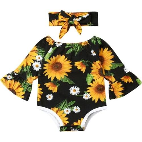 Newborn Toddler Baby Girls clothes round neck long sleeve Flower print Bodysuit bow Geometry Headband 2pc cotton autumn Outfits
