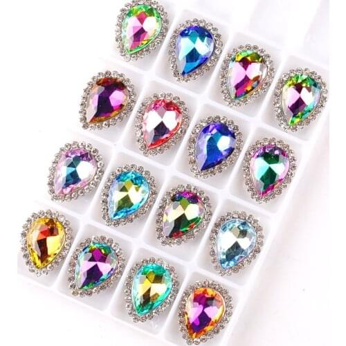 Fantastic rainbow glass crystal with rhinestones Silver claw settings 13*18mm water drop tear drop Sew on rhinestone garment diy
