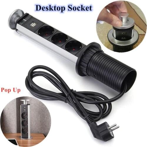 EU Plug 3 Power Pull Up Desktop Sockets Power Pop Socket Lifting Kitchen Table Socket Electrical Equipments Supplies With 2USB