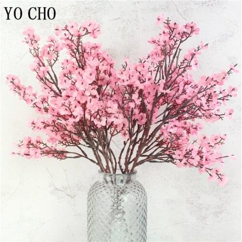 Pink Silk Artificial Flowers Plum Cherry Blossoms Bouquet DIY Wedding Home Arrangement Decor Wreath Babies Breath Fake Flowers