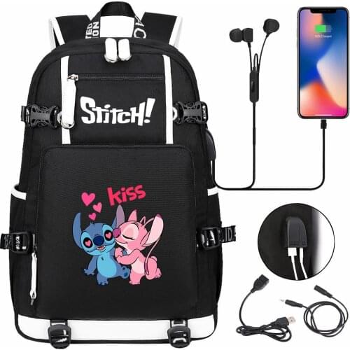 Disney Stitch Backpacks for Students Back to School Bags Usb Charge Black Travel Shoulders Backpack for Boys Girls Big Daily Bag