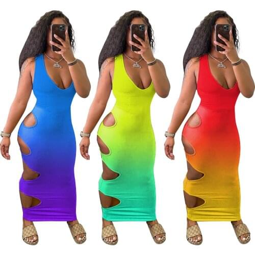 Sexy V Neck Long Dress Woman Gradient Hollow out Tank Sundress 2021 Asymmetric Fashion Women Clothes Night Club Party Dresses