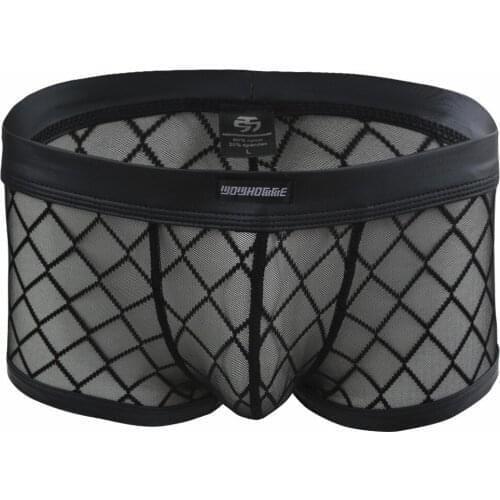 Sexy Mens Fishnet Mesh Boxers Briefs Underwear Cotton Breathable See-Through Sheer Gridding Pouch Boxershorts Underwear