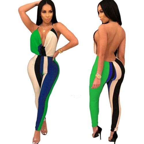 Sexy V Neck Halter Backless Jumpsuit Romper Women Summer Skinny Sleeveless Colorful Striped Jumpsuit Elegant Club Party Overalls