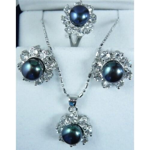 Simple dark blue shell pearl silver plated pendant earring and ring(7.8.9) jewelry set