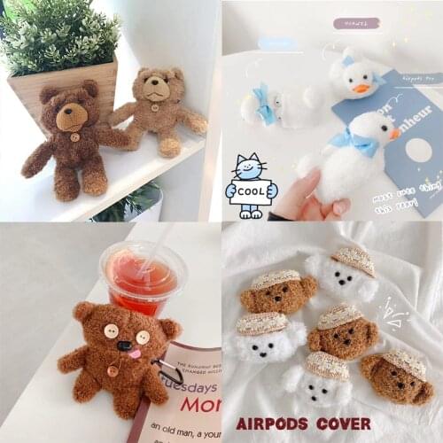 Cute Plush Buttons Bear Case for Freebuds 3 Bluetooth Earphone Charge Case Protective for Huawei FreeBuds Case
