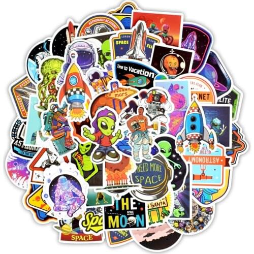 TD ZW 50Pcs Outer Space Astronaut Stickers For Children Alien UFO Astronaut Rocket Ship Planet Scrapbooking Skateboard Sticker