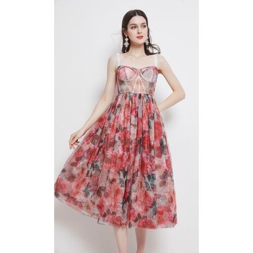 2021 New Hot Designer Floral A Line Vintage Elegant Party Night Dress Spaghetti Strap Summer Sexy Goblincore Midi Elbise Robes