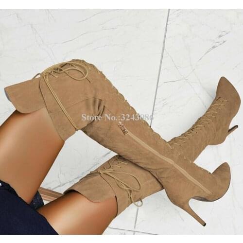 Suede Lace-up Over the Knee Long Boots Woman New Arrival Pointed Toe Thin High Gladiator Boots Fashion Lady Large Size Shoes
