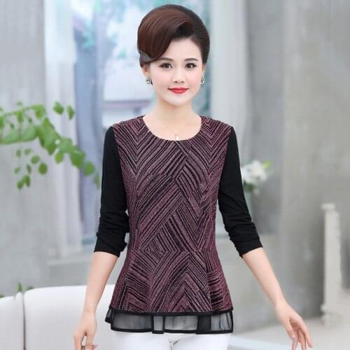 O-neck Stripe T-Shirts Middle Age Mother Long Sleeves Tops Spring Fall Bottoming Shirt Women Tee Shirt 5XL 4XL Clothes