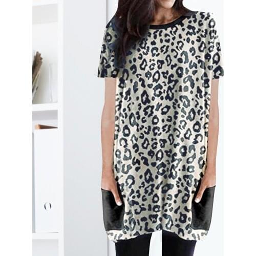 Leopard Pocket Short Sleeve Tshirt Women 2021 O Neck Womens Casual Solid Color Top Long Tshirts Loose Summer Shirts For Women