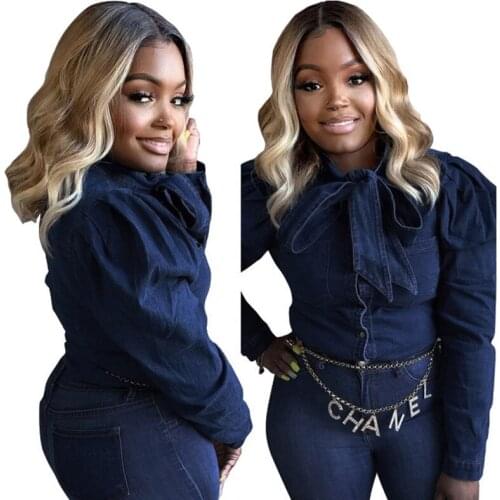 Womens Casual Dark Blue Elegant Tied Denim Blouse