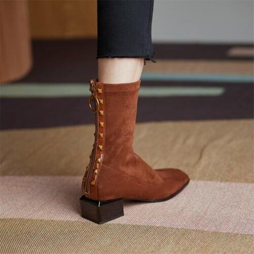 2021 Winter Women Boots Ankle Boots Thick Heel Square Toe Cool Elastic Boots Women Shoes womens plus size boots grown shoes