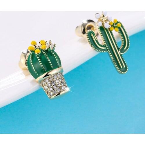 Origin Summer Statement Bling Bling Green Cactus Dangle Earings for Women Exquisite Rhinestone Plant Earings Jewelry Accessories