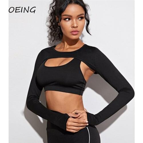 Fitness Stretchy Long Sleeve Womens Yoga Crop Top Black Hollow Out Workout Clothing Jogging Shirts