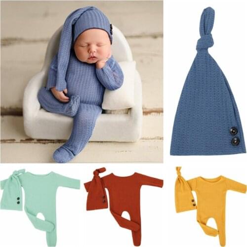 2 Pcs Baby Hat Bodysuit Set Newborn Photography Props Cap Romper Jumpsuit Kit Infants Photo Shooting Clothing Outfits