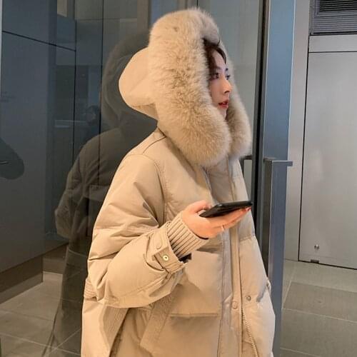 2020 Women Winter Fur Hood Long Duck Down Coat Sashes Zipper Thick Bread Overcoat Full Sleeve Jacket Parkas Slim Waist