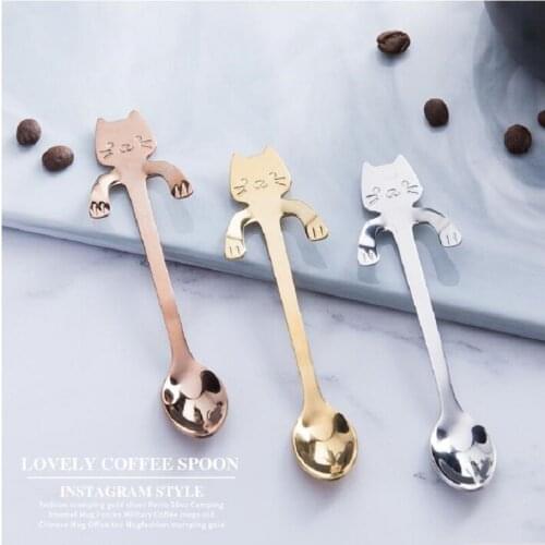 3Pcs Stainless Steel Coffee & Tea Spoon Mini Cat Long Handle Creative Spoon Drinking Tools Kitchen Gadget Flatware Tableware