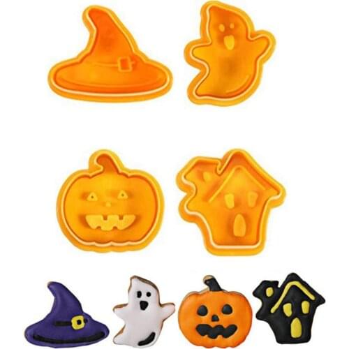 4pcs Halloween Pumpkin Ghost Theme Plastic Cookie Cutter Plunger Fondant Sugarcraft Chocolate Mold Cake Decorating Tools