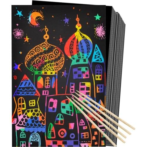50Pcs Art Rainbow Scratch Paper Bamboo Stylus Set Scratch Off Art Craft Supplies Kits For Kids For Fun DIY Toy Party Favors Game