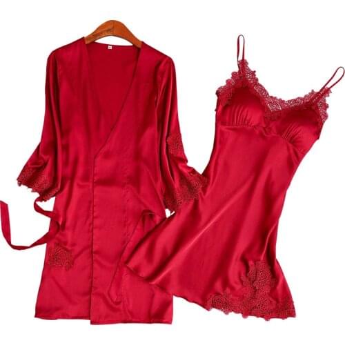 Satin Sleepwear Robe Gown Set Femme Spring Bathrobe Peignoir 2 Pieces Pajamas Silk Sexy Elegant Feminino Pijama Home Clothing