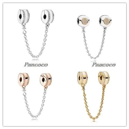Authentic 925 Sterling Silver Charm Insignia With Crystal Safety Chain Clip Bead Fit Women Pandora Bracelet & Bangle Diy Jewelry