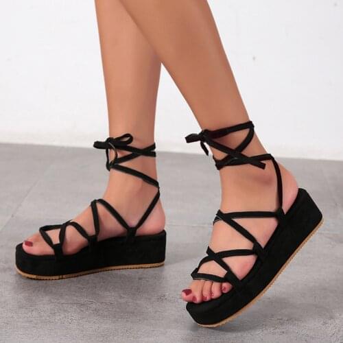 Summer Women Fashion Sandals Platform Wedge Heel Ankle Strap Lace Up Cross-tied Narrow Band Rome Sexy Ladies Sandalias Mujer